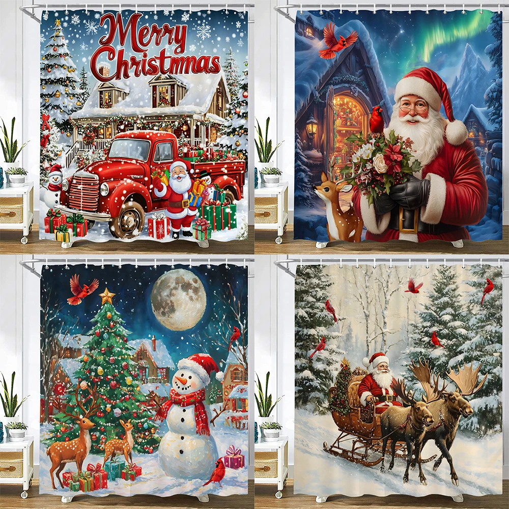 

Merry Christmas Shower Curtain Bath Curtain Elk Santa Claus Christmas Printed Bathroom Curtains for Home decoration curtain