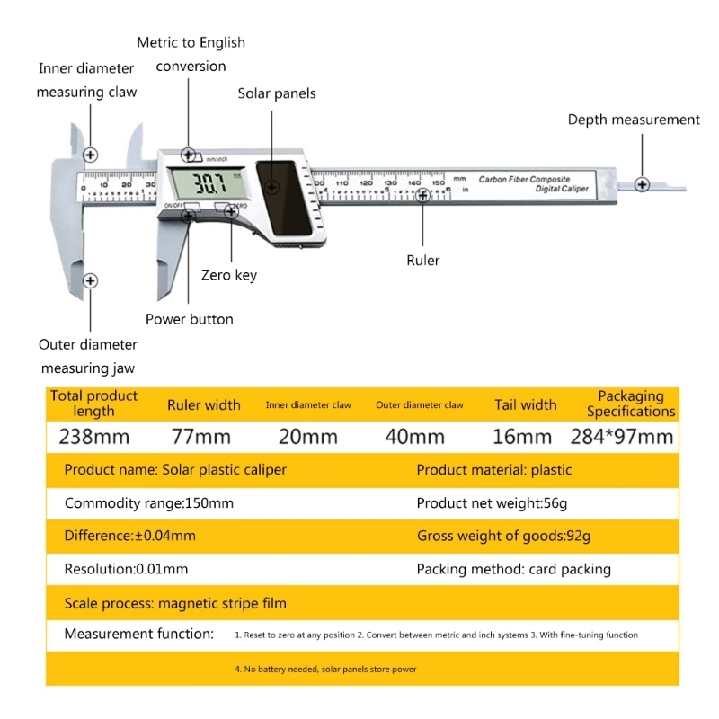 G6DA calibro a corsoio digitale 150mm micrometro elettronico da 6 pollici-carica solare a pinza