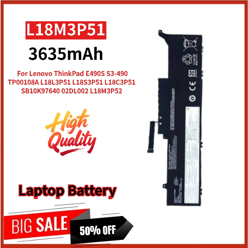 

High Quality Laptop Battery L18M3P51 11.25V 42Wh 3635mAh For Lenovo ThinkPad E490S S3-490 TP00108A L18C3P51 L18L3P51 L18S3P51