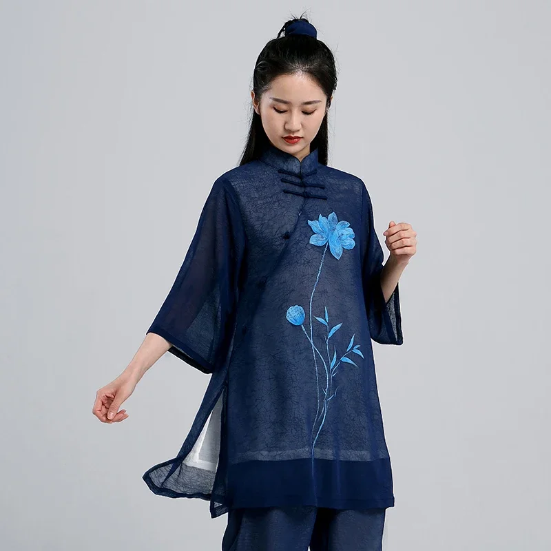 Tai Chi Clothes Women Wushu Clothes Kung Fu Competition Clothes Martial Art Uniform Wrinkle Free Hand Painted 2022 Navy Blue