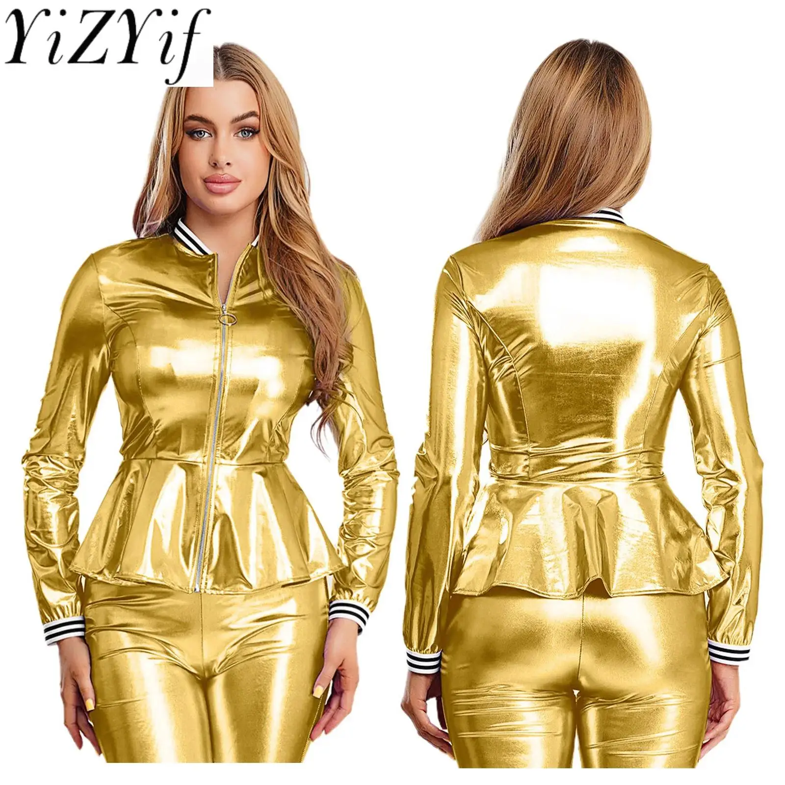 

Women Shiny Bomber Jacket Party Raves Long Sleeve Ruffled Peplum Baseball Outerwear for Club Party Disco Dance Performance Tops