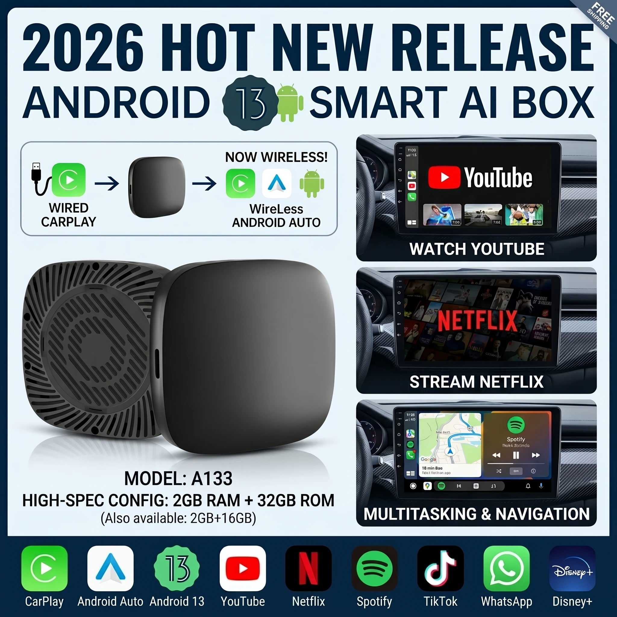 2026 Kowankit Android13 CarPlay Ai Box Wireless Android Auto 3 in 1 USB Adapter Plug & Play Universal TV Box For Netflix Youtube