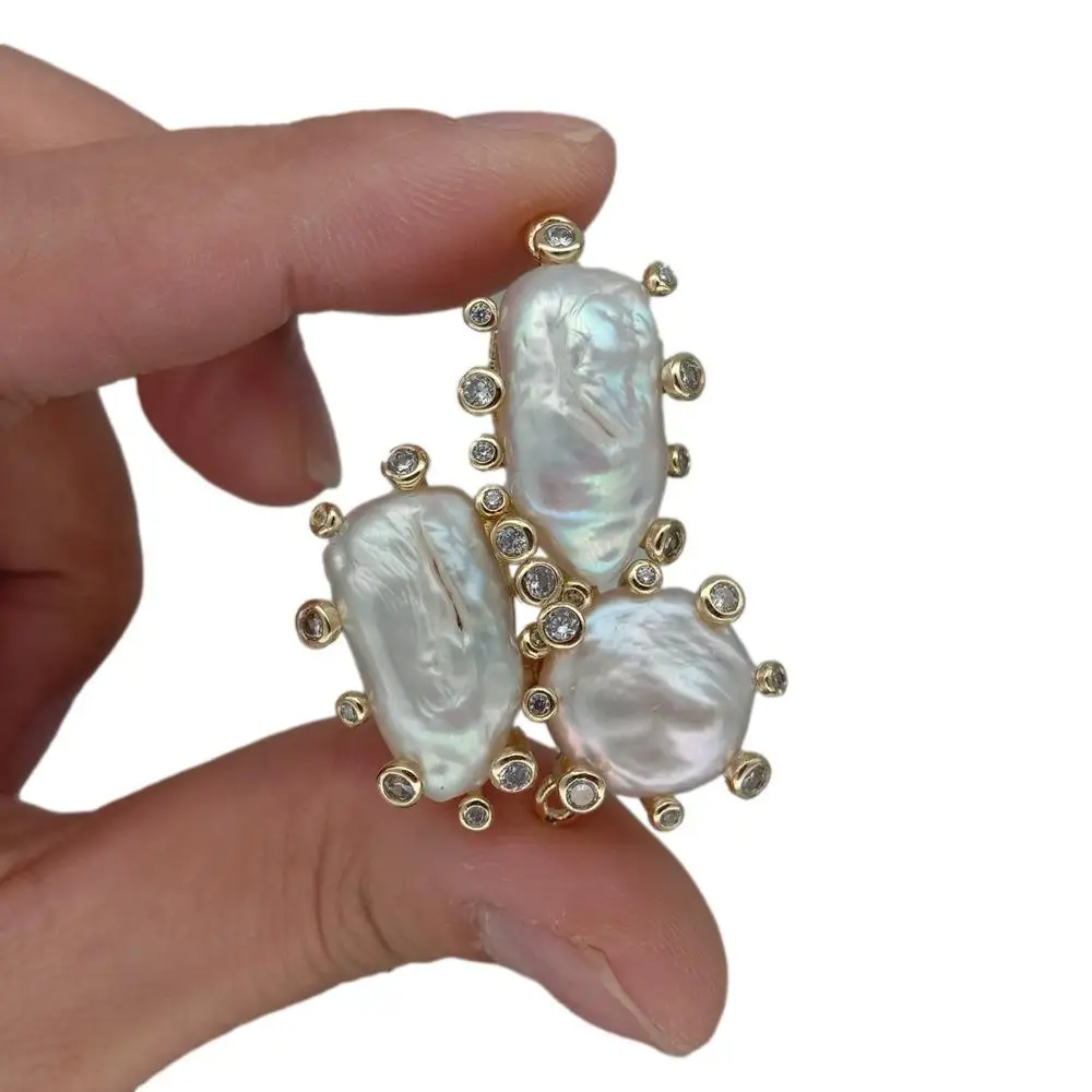 Wholesale 5 PCS Cultured White Biwa Coin Pearl Cz Double Ring Connector For Jewelry Making