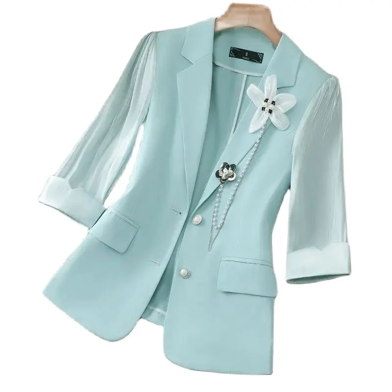 Fashion Thin Women's Blazer 2022 New Summer Korean Version Three Quarter Sleeves Profession Temperament Elegant Female Suit Top