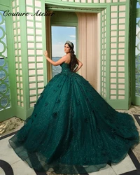 Green Sparkly 3D Flowers Sweetheart Quinceanera Dress 2024 Tulle Party Dresses Beaded Birthday Sweet 16 Dress pornos de 15 años