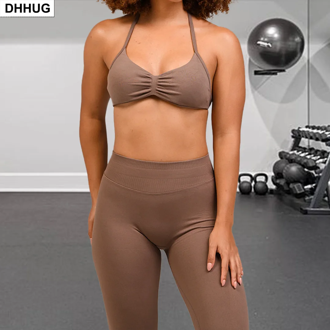 

DHHUG Women's Seamless Yoga Sports Bra Crop Top with Ruched Detail And Matching Fitness Skort Set Impact Training Active Wear