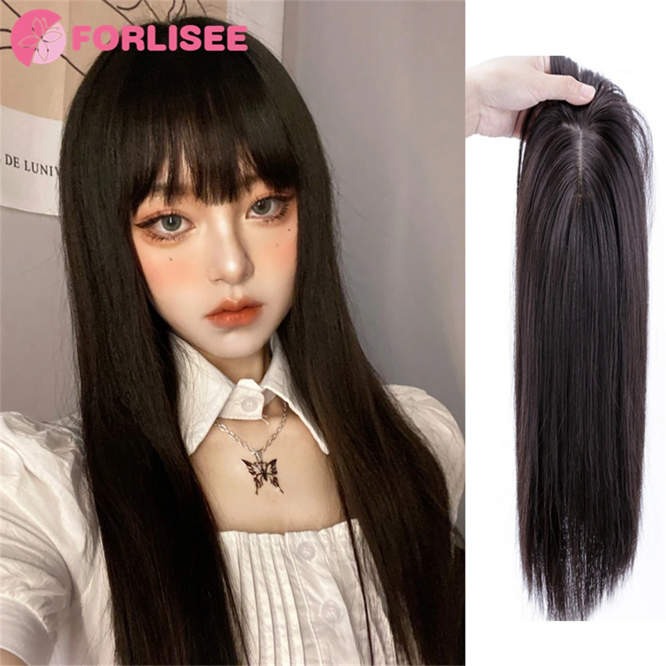 

Synthetic Wig Female Qi Liu Hai Black Long Hair With Head Bangs Patch Hair Extension Block Long Straight Hair Wig Repair Block