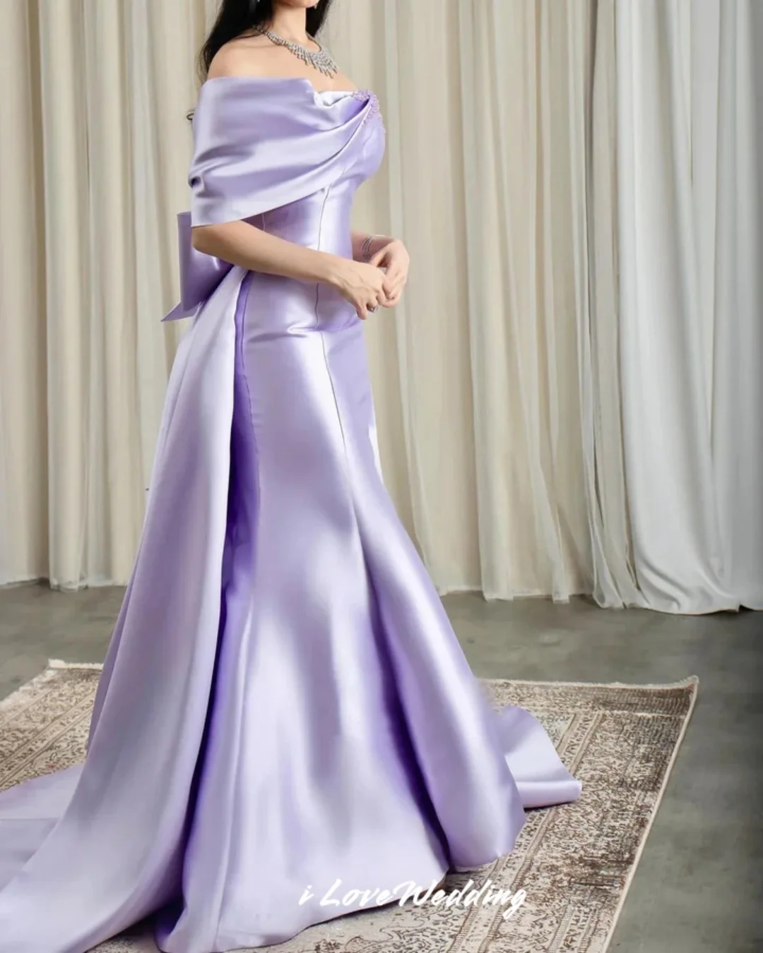 

Purple Off Shoulder Evening Dress 2025 Satin Bow Beading Mermaid Pleated Prom Dresses Sweep Train Wedding Party Dress Customized