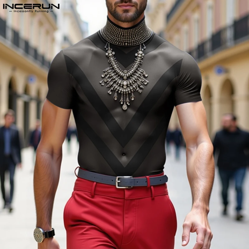 

Men T Shirt Mesh Patchwork Sexy Turtleneck Short Sleeve Men Clothing Streetwear 2025 Skinny Summer Fashion Male Tee Tops INCERUN