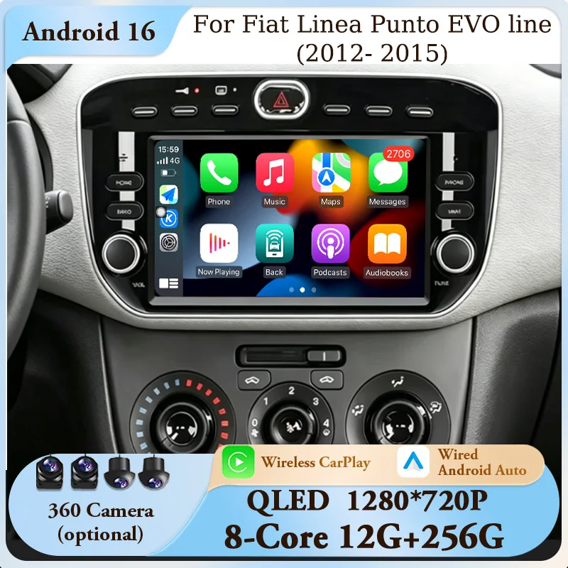 Radio de coche Android 16 de 7 pulgadas para Fiat Linea Punto EVO línea 2012-2015 con GPS, navegador, WiFi, CarPlay, Android Auto, Bluetooth, DSP, pantalla táctil IPS completa