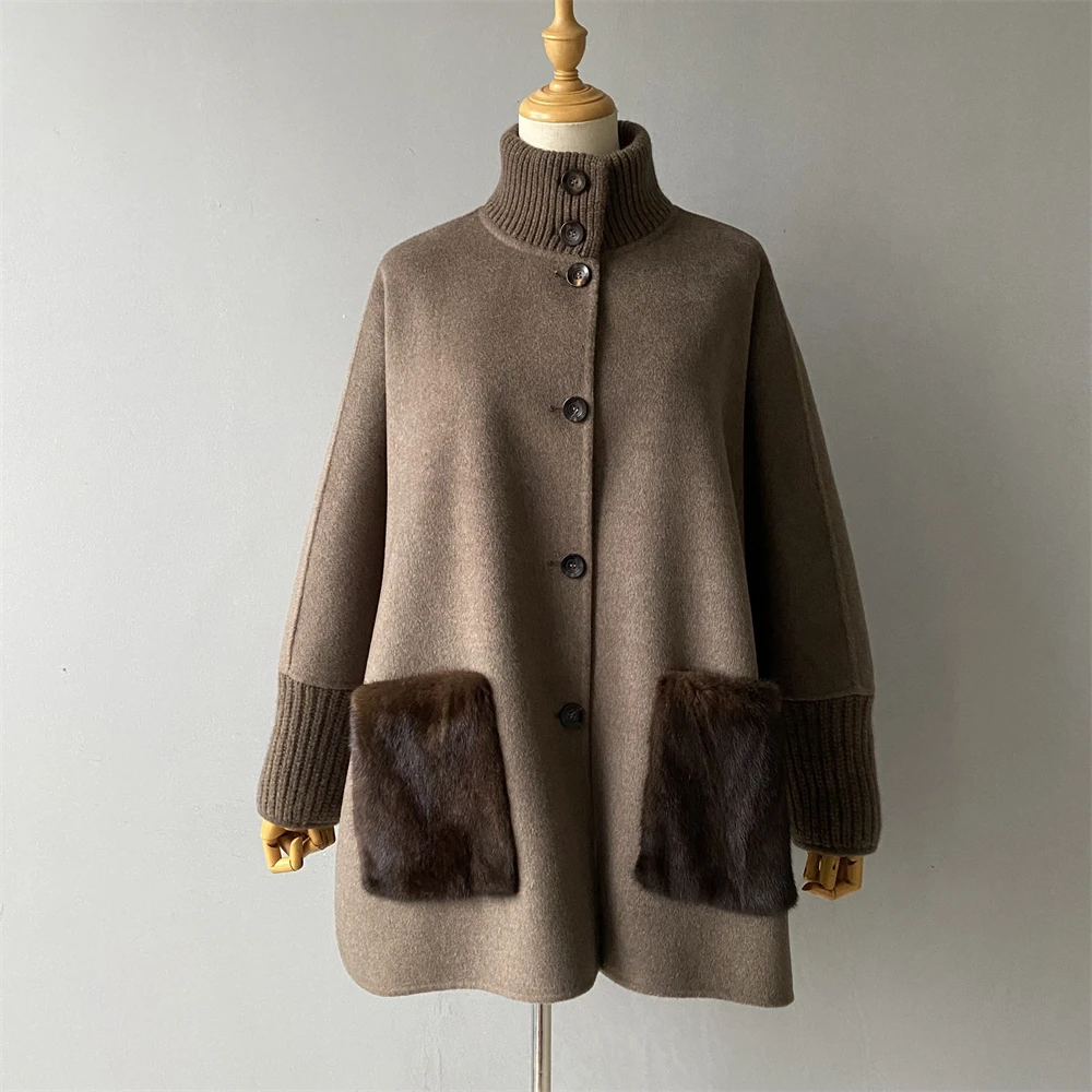 

Jaxmonoy Women's Cashmere Wool Coat with Real Mink Fur Pocket 2025 Winter New Design Stand Collar Ladies Loose Wool Jacket Fall