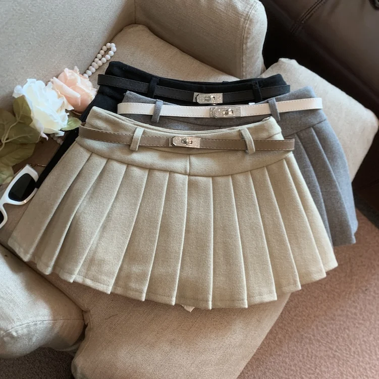 

Women's Autumnn Winter Wool&blend Pleated A Line Short Skirt Lady Streetwear Solid Color High Waist Mini Skirt