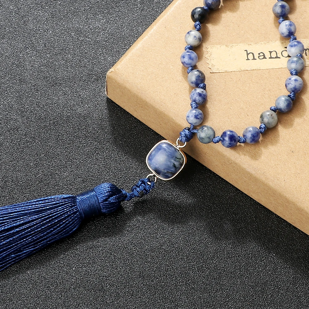 New Prayer 108 Mala Beads Tassel Pendant Necklace 6mm White Dot Blue Natural Stone Bracelet&Bangle Chain Jewelry Gift Friend