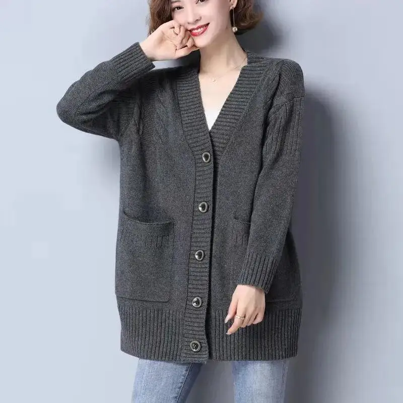 Cardigã de malha extragrande para mulheres, manga longa coreana, suéteres com gola V, malha grossa e elegante, tops para outono e inverno, colete de