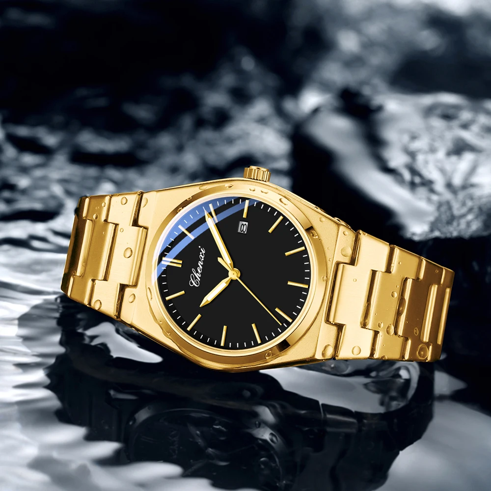 CHENXI новые роскошные золотые мужские часы высокого качества из нержавеющей стали кварцевые наручные часы светящиеся водонепроницаемые часы с датой для мужчин