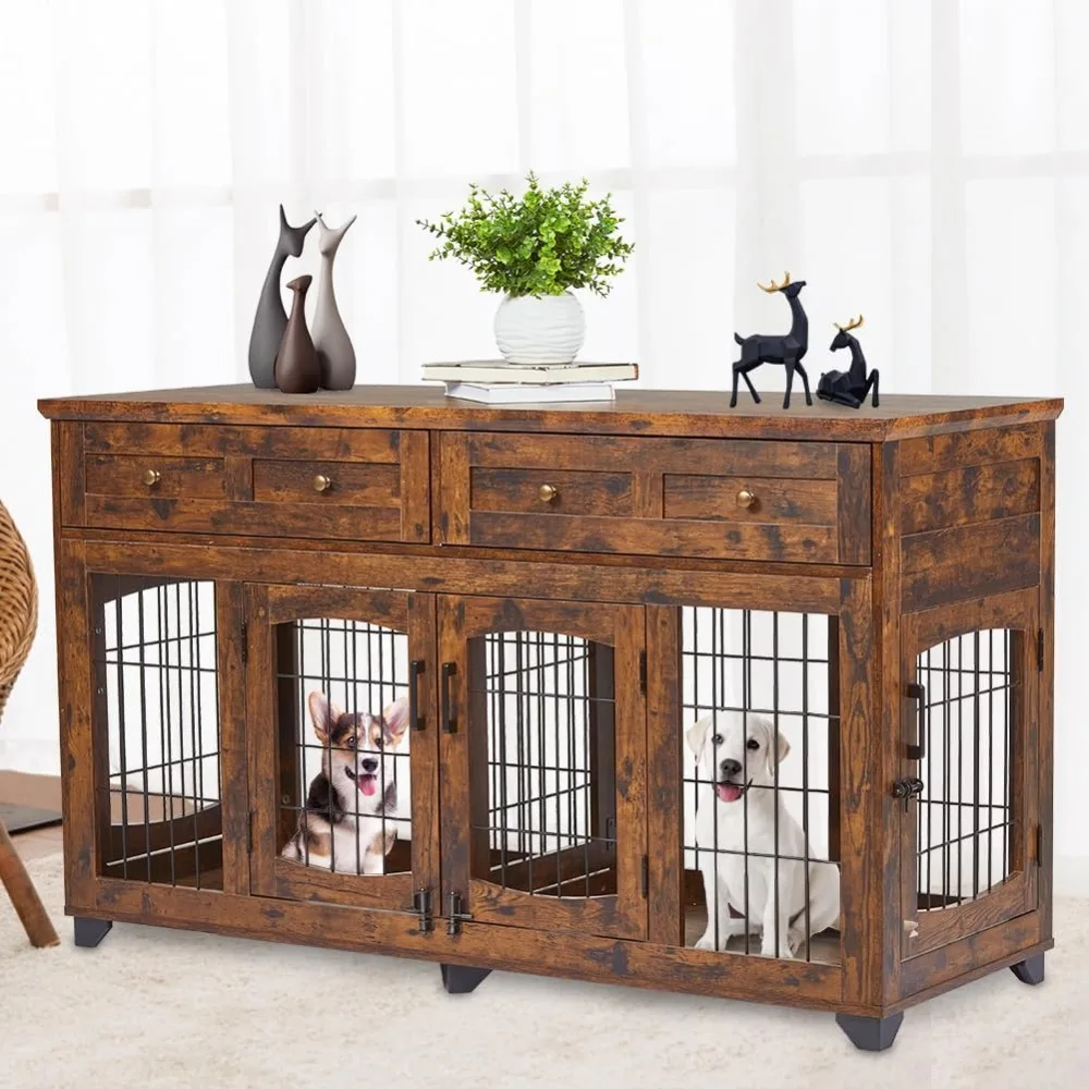 Muebles para cajas para perros de 2 habitaciones con partición que se puede abrir, mesa para cajas para perros de madera de 58" con 2 cajones, muebles para perros de 5 puertas, soporte para TV