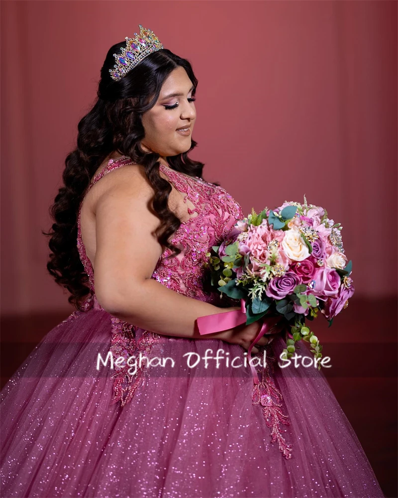 فساتين Fuchsia O N Quinceanera فستان حفلة مطرز بالخرز فستان فاخر لعيد الميلاد فستان تخرج مكشكش حلو 15 مخصص #5