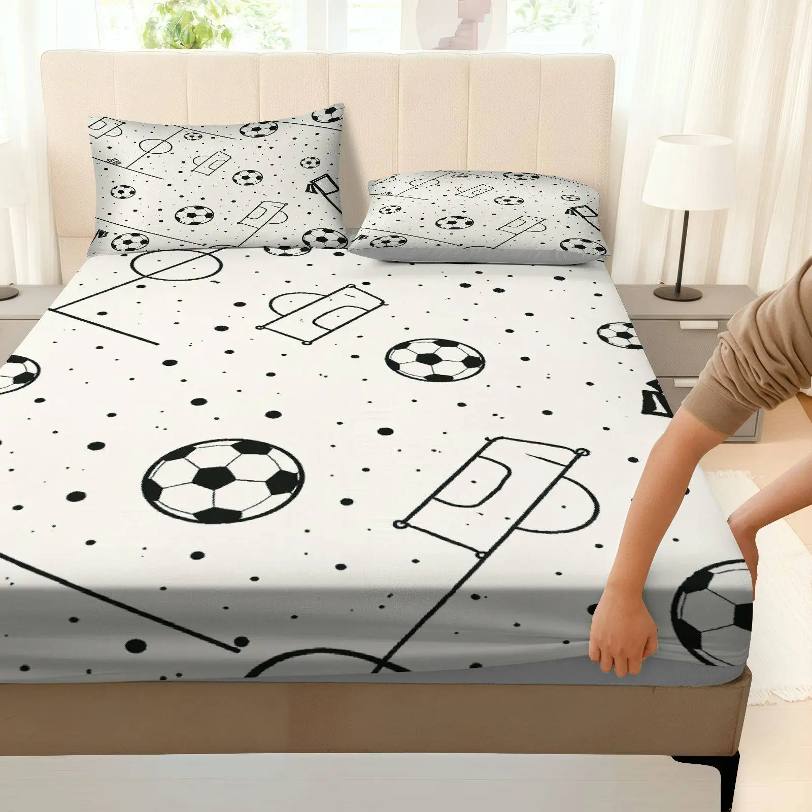 Digital Print Bed Sheet Set, Football Field Pattern Bed Sheet Set, Sports Bedding, Mattress Protector, Large Deep Pocket 2D Printed Bed Sheet and 2 Pillowcases, Mattress Protector, Fitted Sheet with Elastic Band, Protective Cover, Mattress Protector, Suitable for All Seasons, Machine Washable Design, Holiday Decoration, Various Sizes, Breathable Protective Cover with Pillowcase