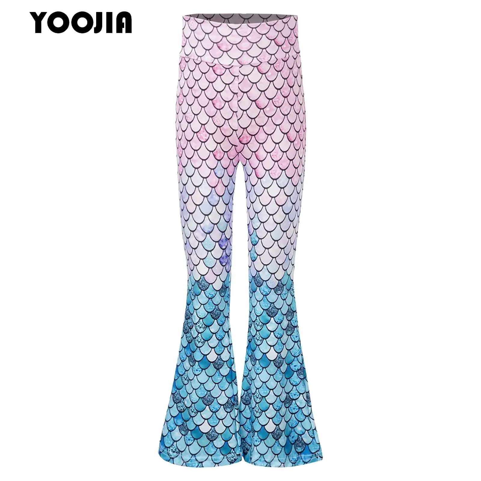 Mermaid Pants for Kid Girls Fish Scale Print Flared Long Pants High Elastic Waist Bell Bottom Legging Trousers Casual Streetwear