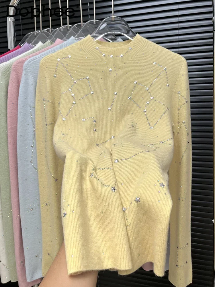 

Hot Diamond Premium Semi-turtleneck Knitted Bottom Shirt Women's Autumn Slim and Skinny Inside Long Sleeve Top Y2k Clothes