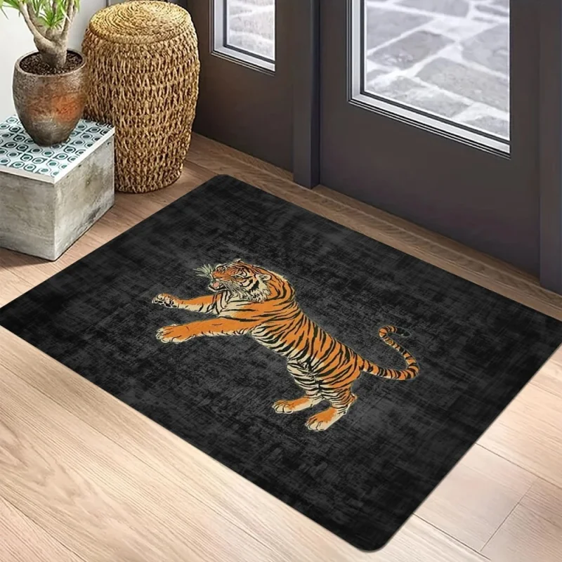 VIKAMA Vintage Tiger Standing Black Japanese Ukiyo e Wildlife Art Flannel Door Mat Non Slip Entryway Bedroom Living Room Home