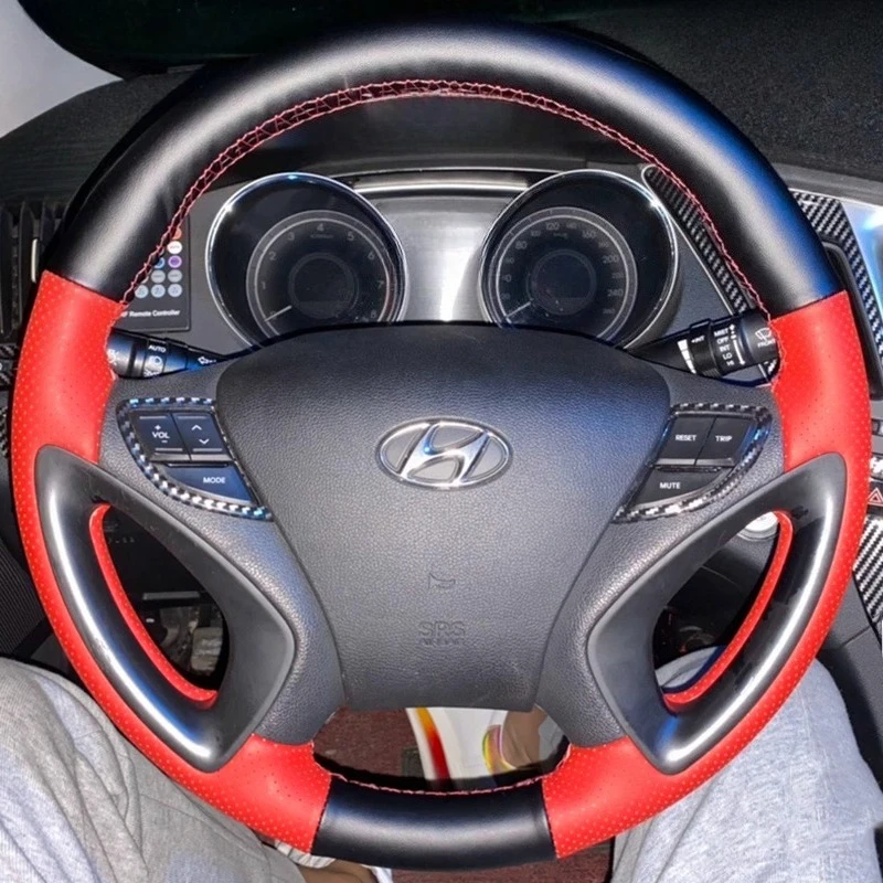 

For Hyundai Sonata 8 2011-2014 hand stitched Black Red genuine leather non-slip car steering wheel cover