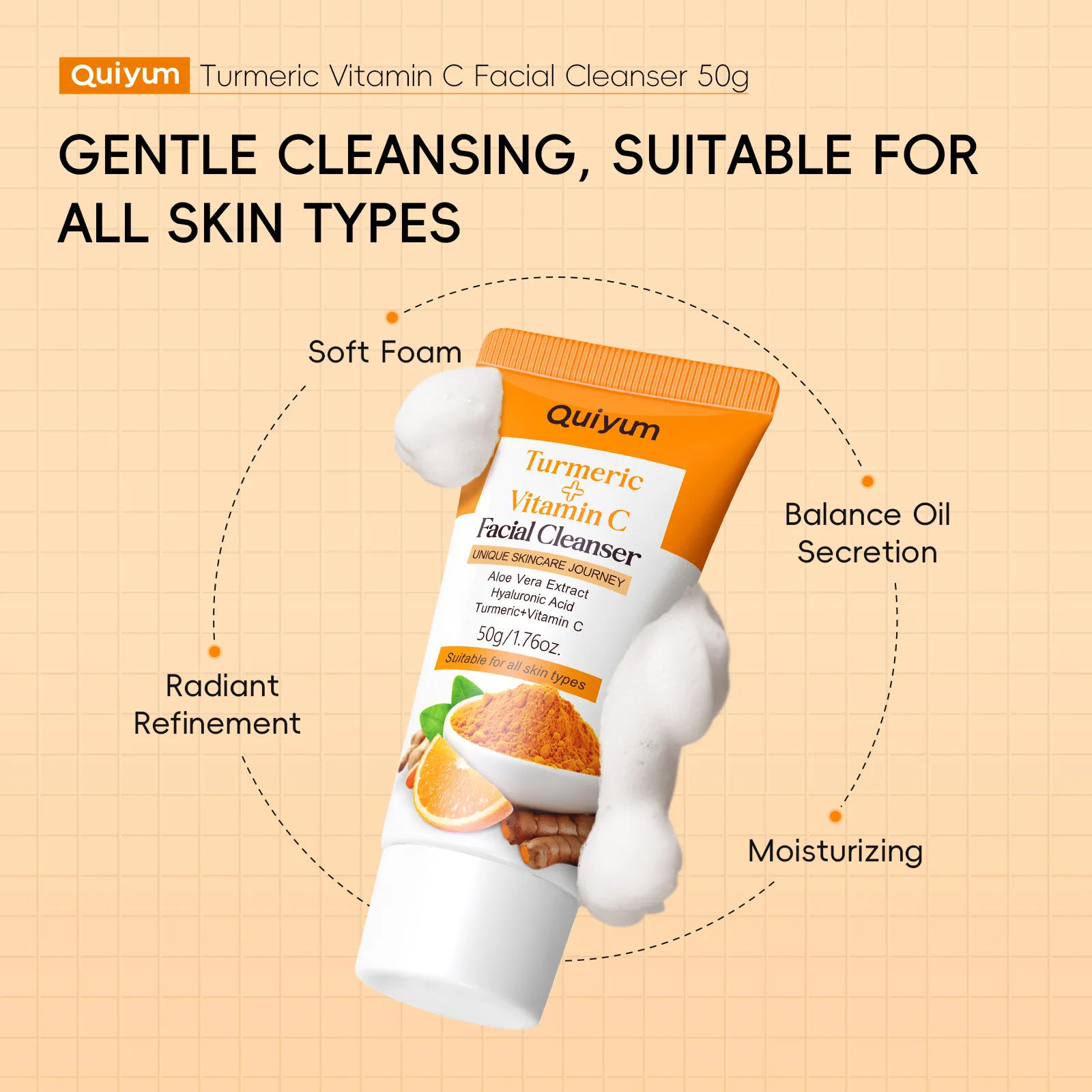 

QUIYUM 50g Turmeric Vitamin C Facial Cleanser Deep Cleansing Pore Care Face Wash for Dull Skin, Hydrating Gentle Foaming Wash