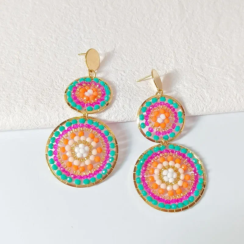 ZGMXR Multilayer Bohemia Alloy Beaded Earrings  Rice Beads Circle Design Handmade Textile  Crystal Geometric Jhumka for Women
