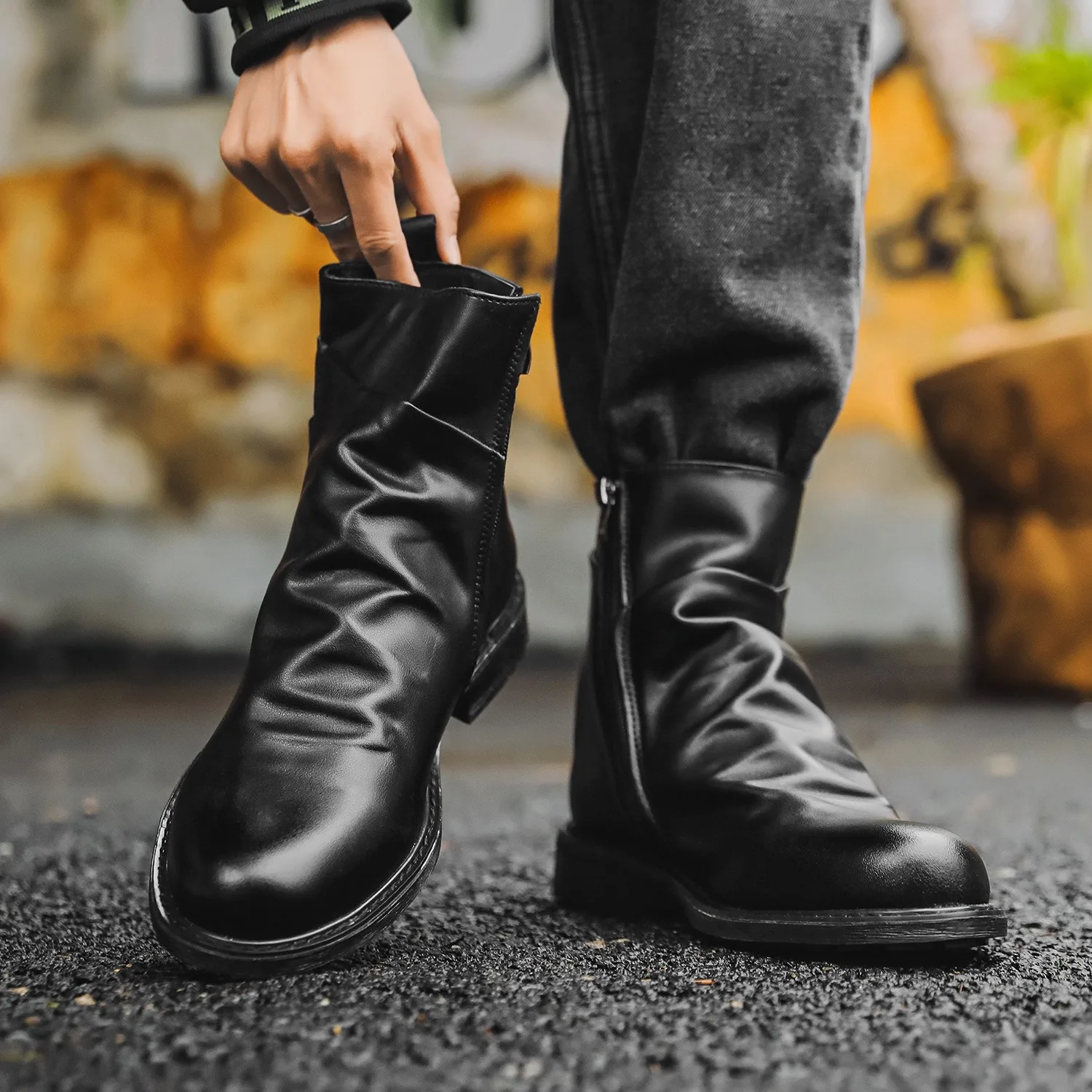 embroidery ankle boots for man wrinkle cowboy boots outdoor shoes with zipper bottines homme