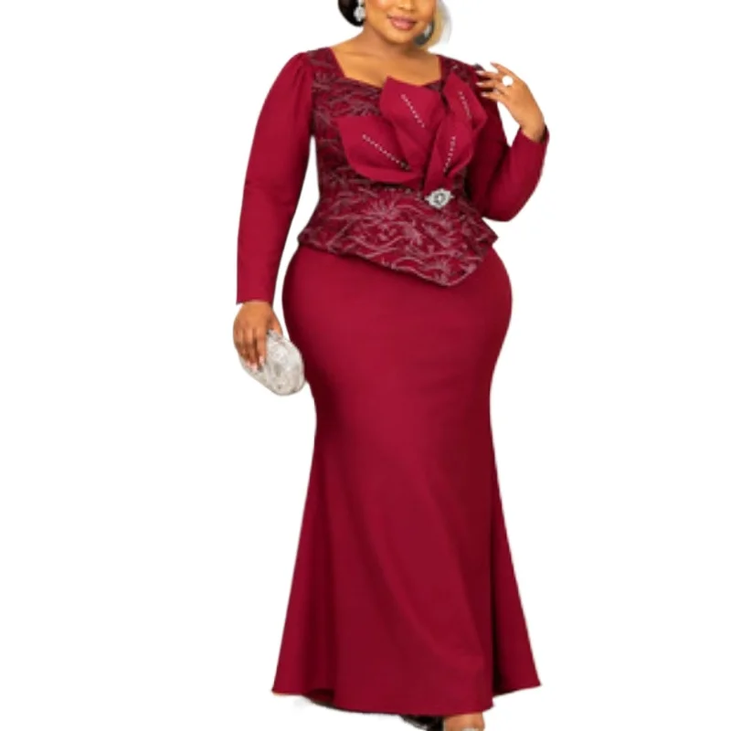 Luxury Women Sequin Mermaid Dress Square Collar Long Sleeves Floral Applique Formal Evening Dinner Party Wedding Guest Gowns