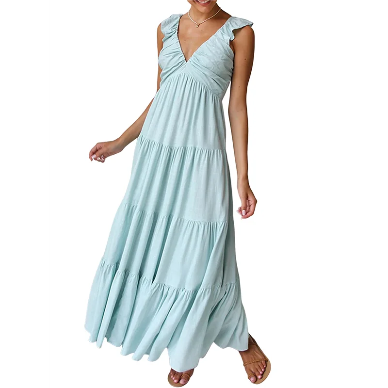 ABRT-Women's Summer Flowy Maxi Dress Casual Sleeveless V Neck Smocked Beach Sundress