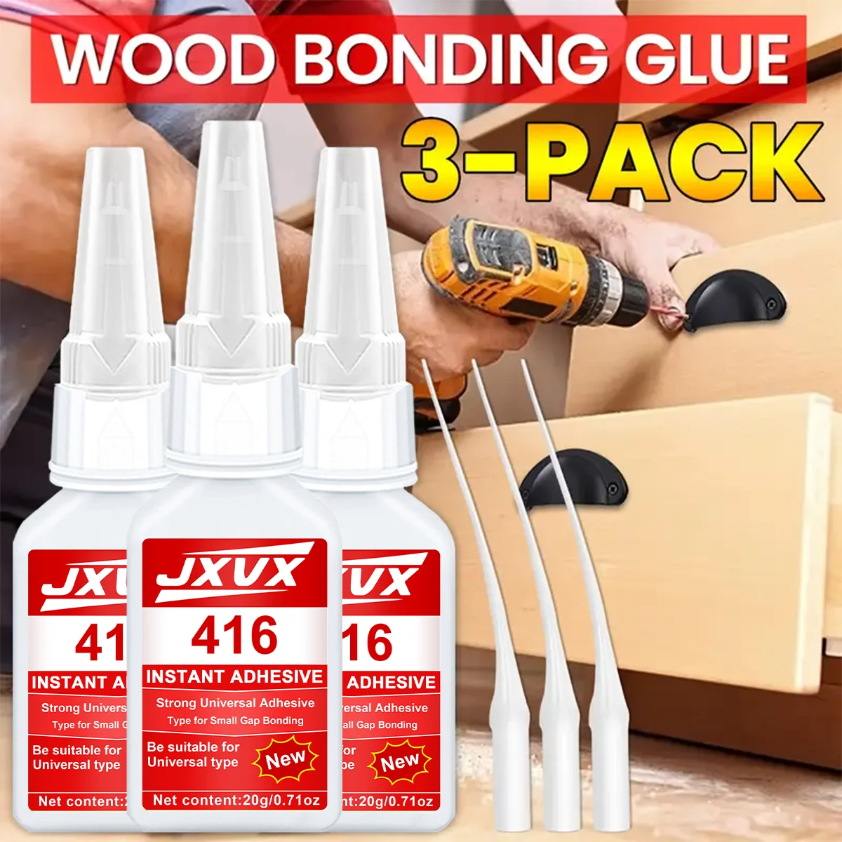 JXVX Accelerated Drying 416 Superkleber, Aktivator-Cyanacrylat-Kleber hinzufügen, starker Sofortkleber für Glas, Metall, Kunststoff, Holz, Keramik, Gummi, schnell trocknend und wasserdicht – 20 ml