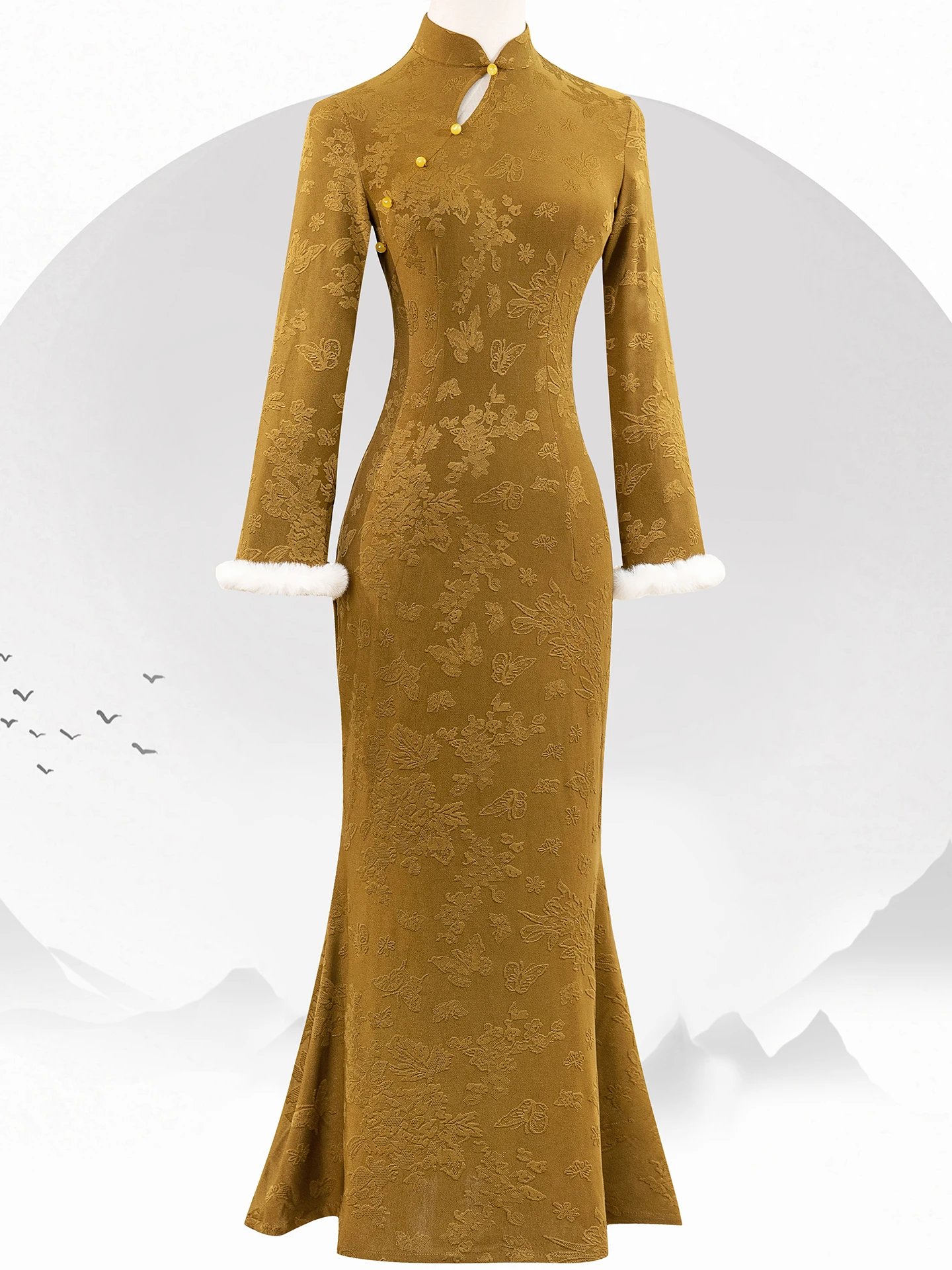 

Золотое платье-ципао с узором «рыбий хвост» Dr Young Sle, повседневное, в стиле ретро, новая китайская версия, женское, весеннее, с длинным рукавом, утепленное