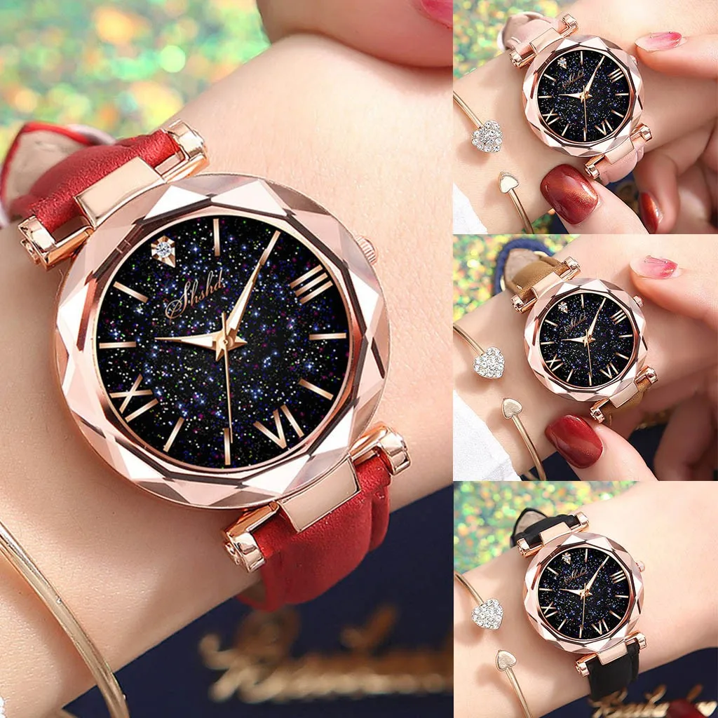 Vrouw Horloge Strass Romantische Starrysky Polshorloge Mode Dames Lederen Horloge Klok Voor Vrouw Relogio Feminino Montre Femme