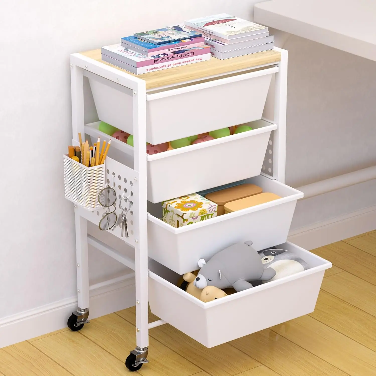 

Rolling Storage Cart with 4 Large Drawers, Wooden Tabletop, Pegboards & Basket for Home and Office Use