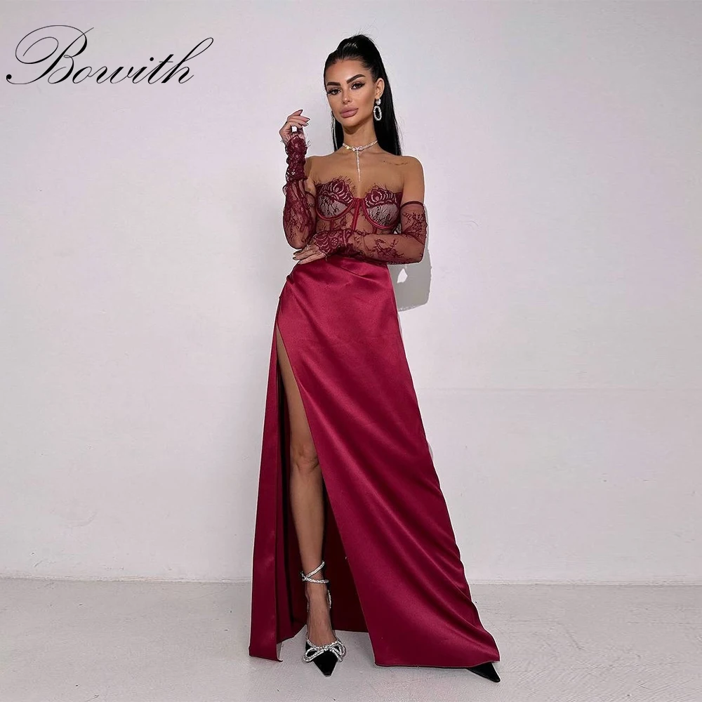 

Bowith Gorgeous Evening Dresses Women Sweetheart Sexy Lace Prom Dresses Side High Slit Customized Women Party Dresses