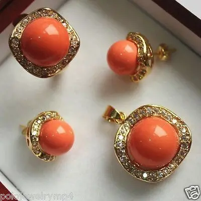 

Jewelry Fashion Orange Shell Pendants EarringsRing Set Plated Watch Wholesale Quartz Stone CZ Crystal+Free Chain Necklace