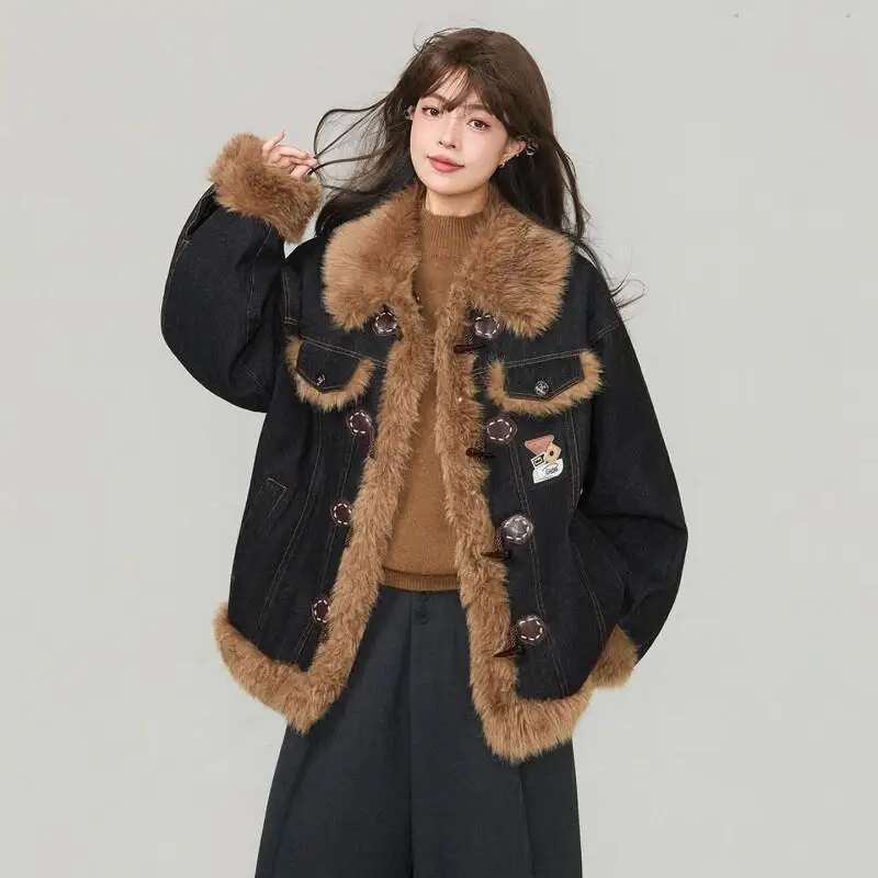 

Women's Winter Coat Plus Size Women Vintage Plush Collar Denim Jacket Fat High End Lamb Wool Patchwork Cotton Coat