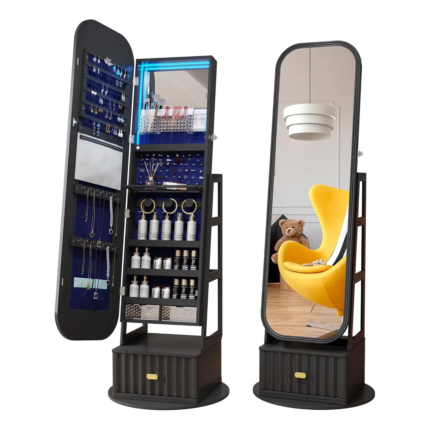 

61-дюймовый зеркальный шкаф для ювелирных изделий в полный рост с местом для хранения — вращающийся, запираемый шкаф для ювелирных изделий с бархатной подкладкой, стоячий органайзер