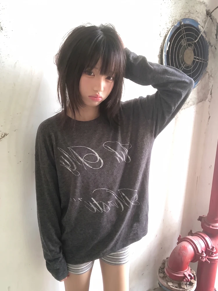 Tonngirls Ästhetisches 2000er-Jahre-Print-T-Shirt für Damen, lässiges, lockeres Langarmshirt, Streetwear, Y2K, japanisches Vintage-Oberteil – Detail 9