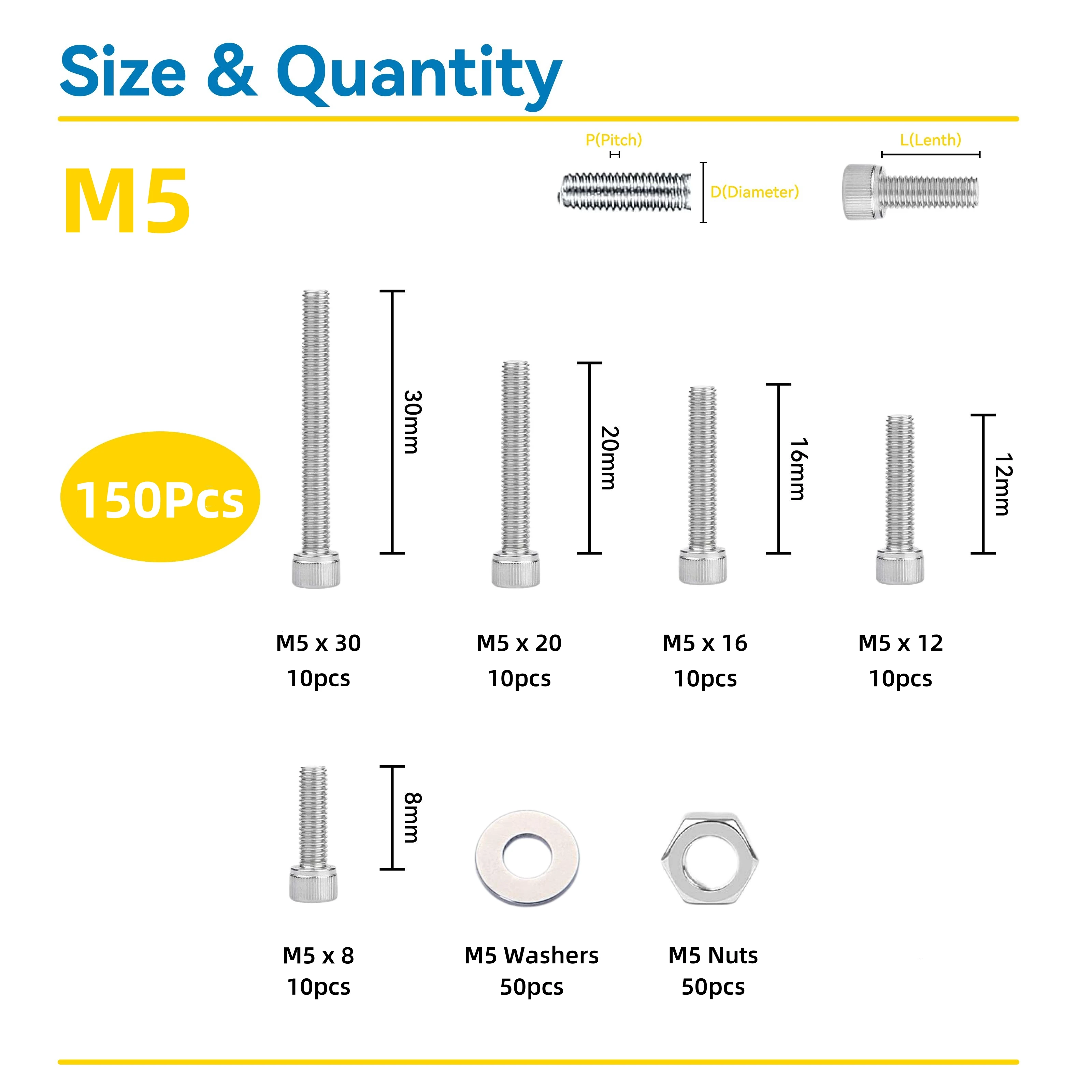 WZHUIDA 150 Pcs M5 Screw Assortment, Metric Hex Socket Head Cap Screws Nuts Washers Kit with Hex Wrench, Stainless Steel