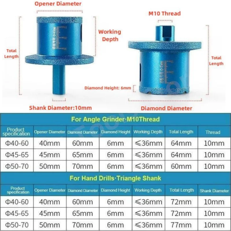 Imagem -06 - Rosca Diamante Núcleo Broca Triângulo Haste Pia Lavatório Abridor para Porcelana Mármore Cerâmica Telha Granito Pedra M10