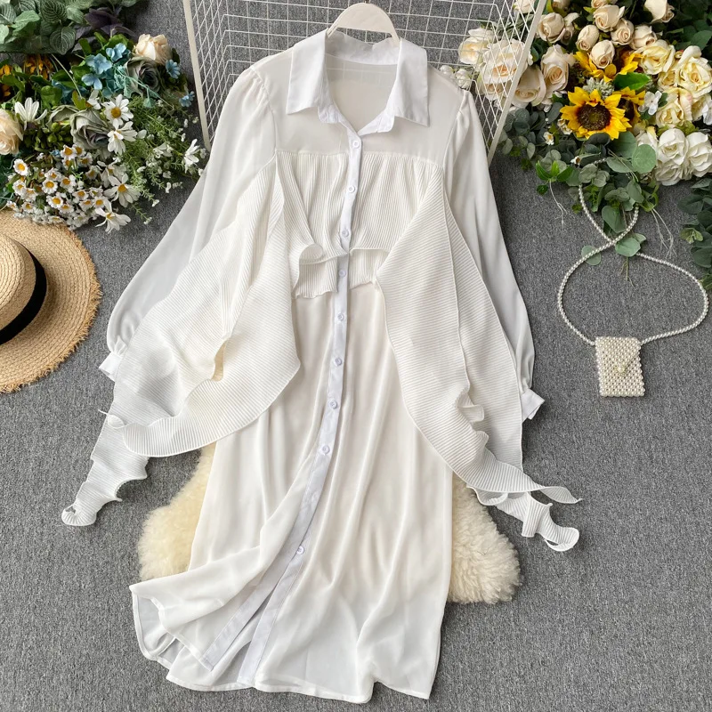 

Mid Length Dress Women White Shirt Dresses Chiffon Vestidos Streetwear Single Breasted Turn Down Collar Elegant Party Y2k 2025