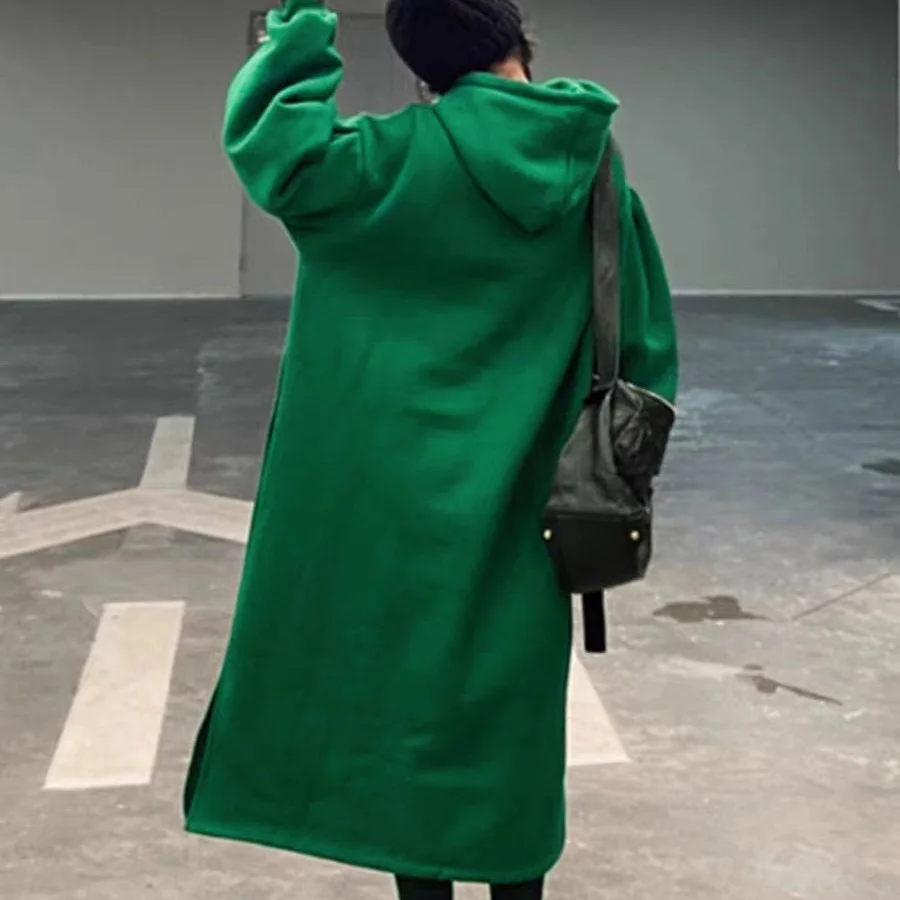Übergroßes, dickes, mit Kapuze versehenes Midikleid, lockere Winterjacke, warme Damen-Oversize-Jacke, langer Hoodie, lässiger Fleece-Sweatshirt-Mantel, Oberbekleidung – Detail 8