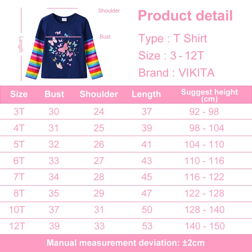 VIKITA Mädchen-T-Shirts mit Schmetterlings-Cartoon-Druck, Marineblau, für Kinder, Baumwolle, lässig, täglich, gestreift, langärmelig, O-Ausschnitt, Kinderkleidung – Detail 1