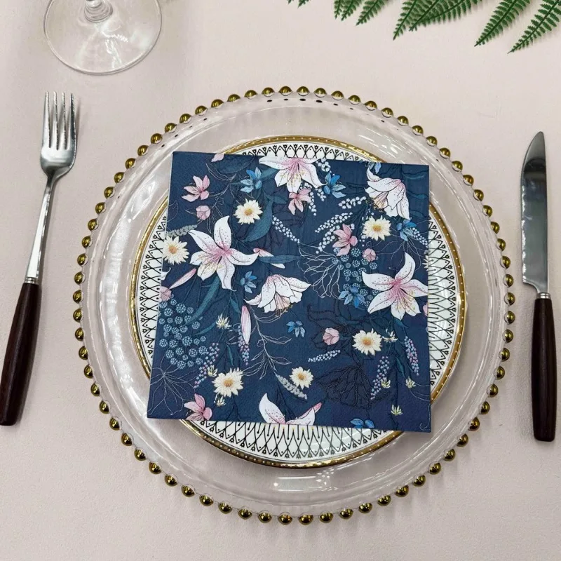 10/20 Pcs 33cm 2-Layer Color Printed Napkins Blue Flowers and Plants Wine Glass Origami Decorative Painting DIY Decoupage Paper