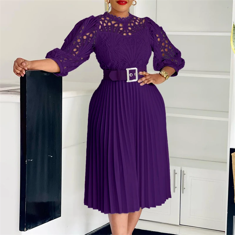 Seksowna Sukienka na Bal Urodzinowy dla Celebrytek z Bufiastymi Rękawami i Dekoltem O, Elegancka Sukienka Koronkowa z Kwiatowym Wzorem na Imprezę, do Klubu, na Noc, z Plisami i Ażurowymi Wstawkami