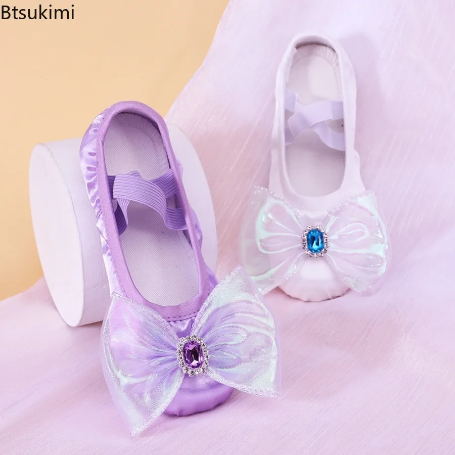 

2025 Girls Bow Cartoon Kids Satin Dance Slippers Professional Soft Sole Children Female Fashion Ballet Yoga Baby Dancing Shoes