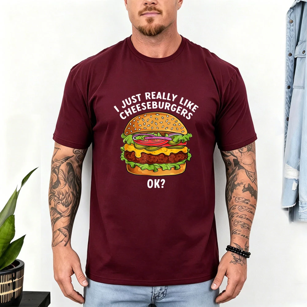 I Just Really Like Cheeseburgers Cartoon Print Unisex Summer Short Sleeve Fast Food Casual Soft Streetwear Top Men Cotton Tshirt