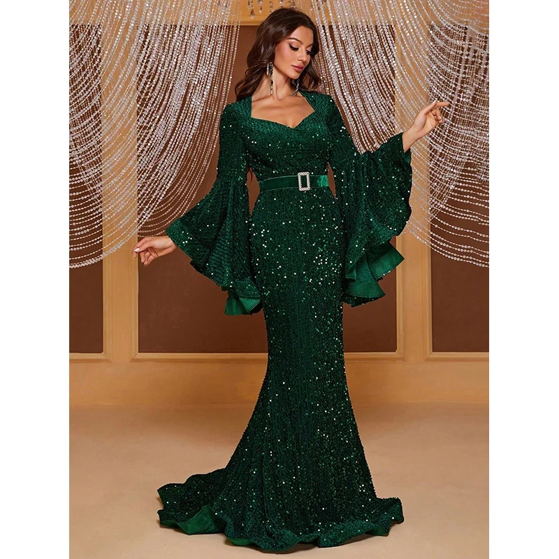 Elegant Ladies vestido de festa Women Flare sleeve V Neck Formal Occasion Green Sequied Evening Party Cocktal Mermaid Long dress